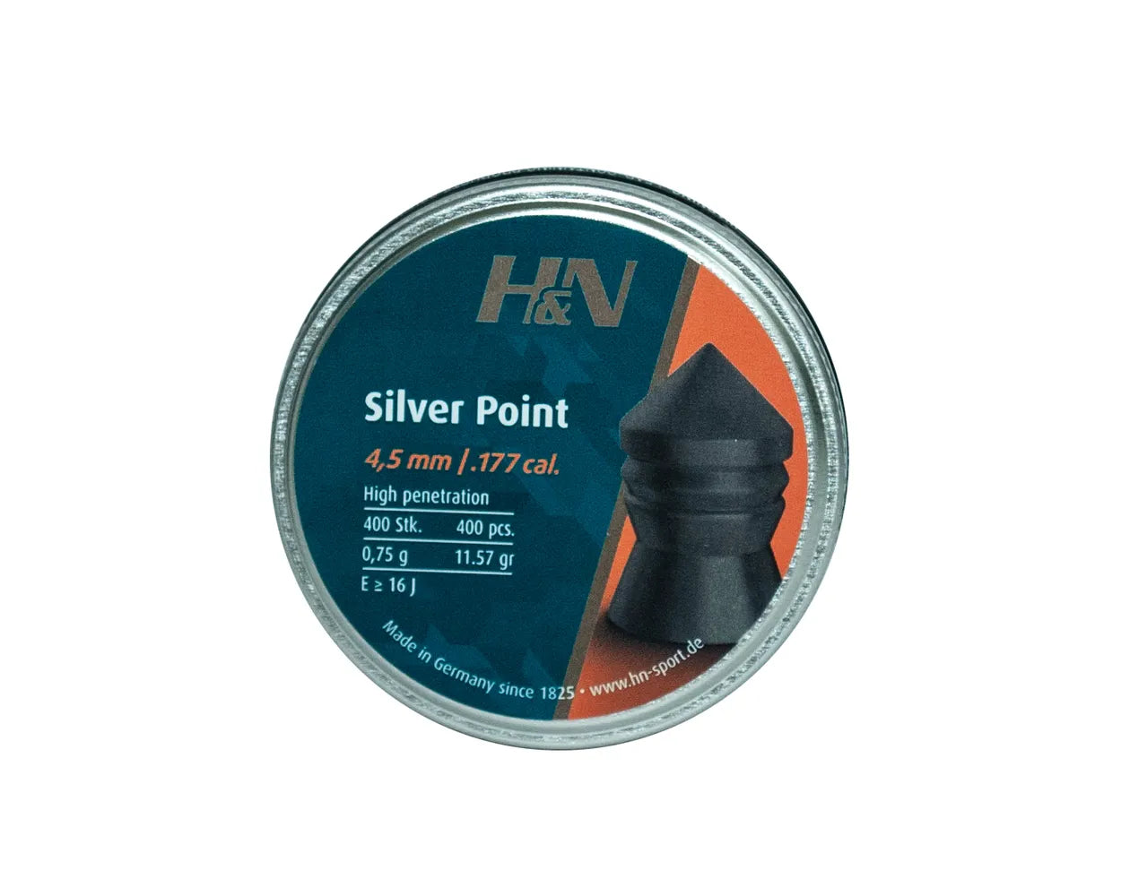 H&N SILVER POINT 4,5 MM, AIR PELLETS .177 CAL WEIGHT : 0.75 G GRAINS : 11.57GR(1 TIN CONTAINS 400 PELLETS)